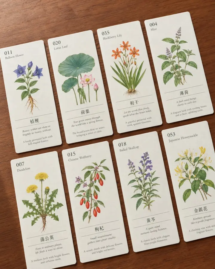 八張青草植物圖鑑卡牌整齊排列在木桌上