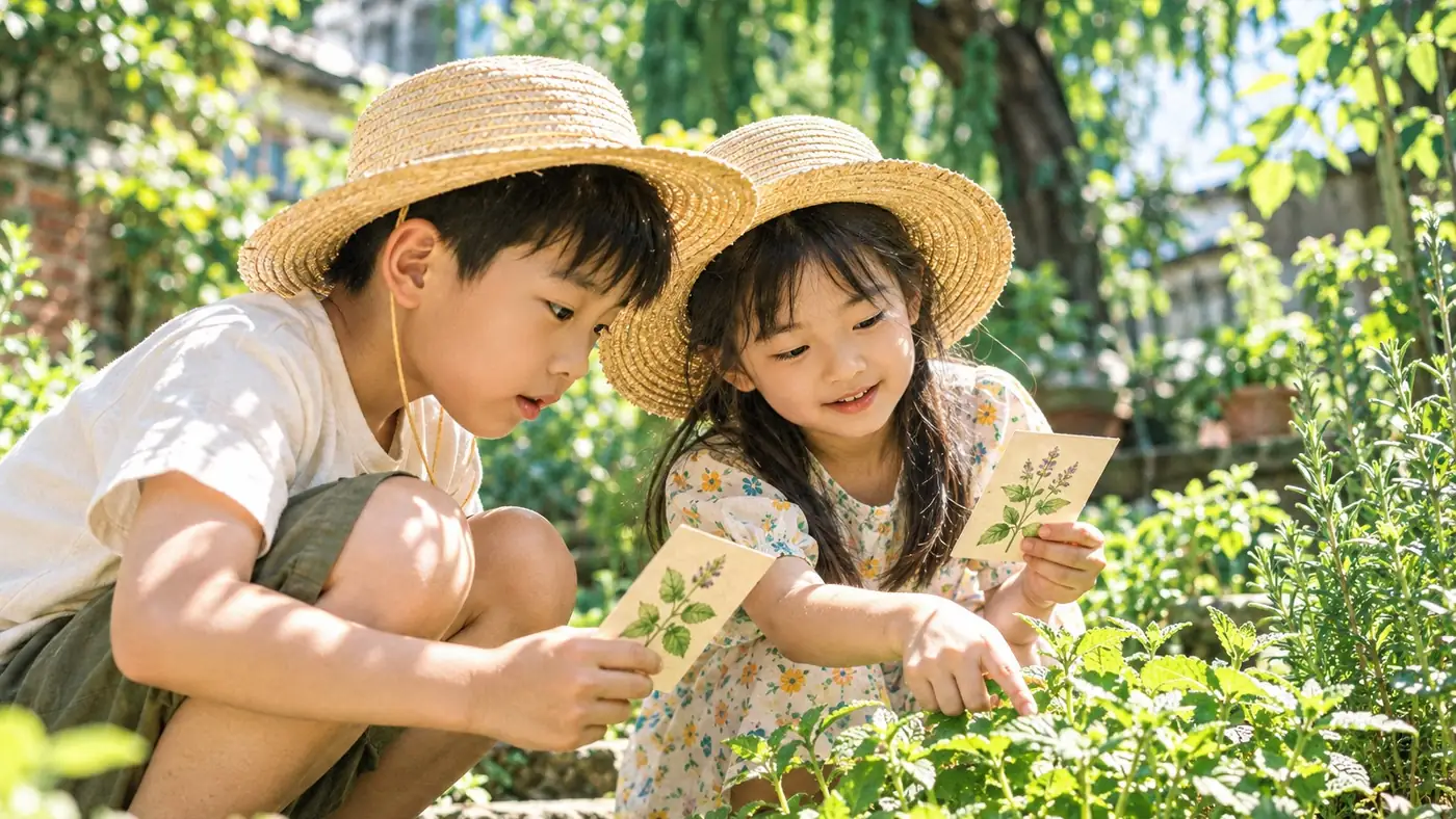 兩個孩子拿著青草圖鑑卡，蹲在草叢邊對照真實植物