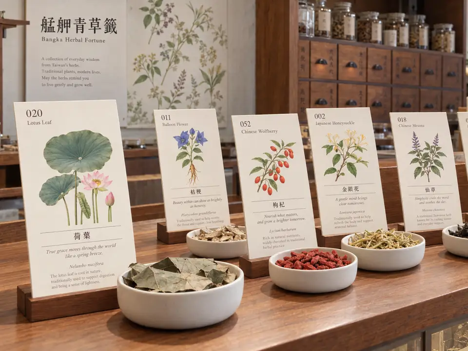 青草店櫃台陳列艋舺青草籤圖鑑卡與對應的乾燥青草